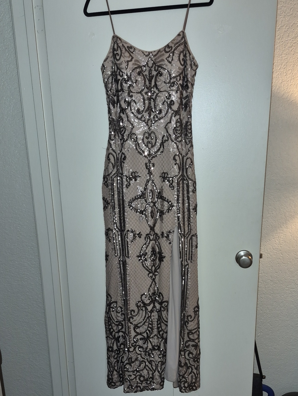 Beaded Nude & Black Sequin Maxi Dress with Spaghetti Straps